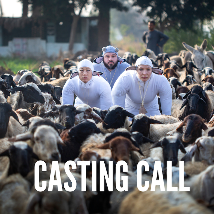 Casting Call with men in costumes in a field of sheep