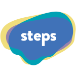 Steps wordmark inside a multicoloured layered bubble